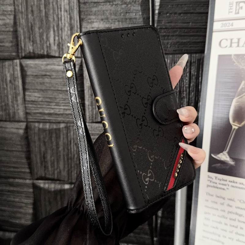 Black GG style leather iPhone wallet case showing the dark protective folio finish