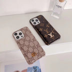 Pair of designer folding iPhone card slot cases showing contrasting patterned finishes