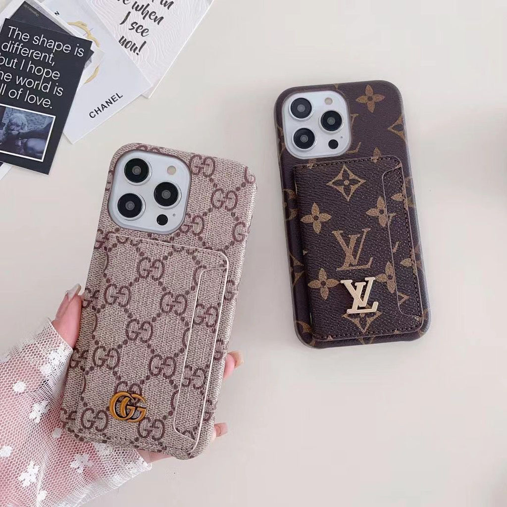 Designer folding iPhone cases shown in LV and GG inspired pattern options