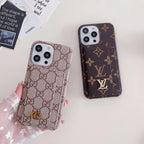 Designer folding iPhone cases shown in LV and GG inspired pattern options