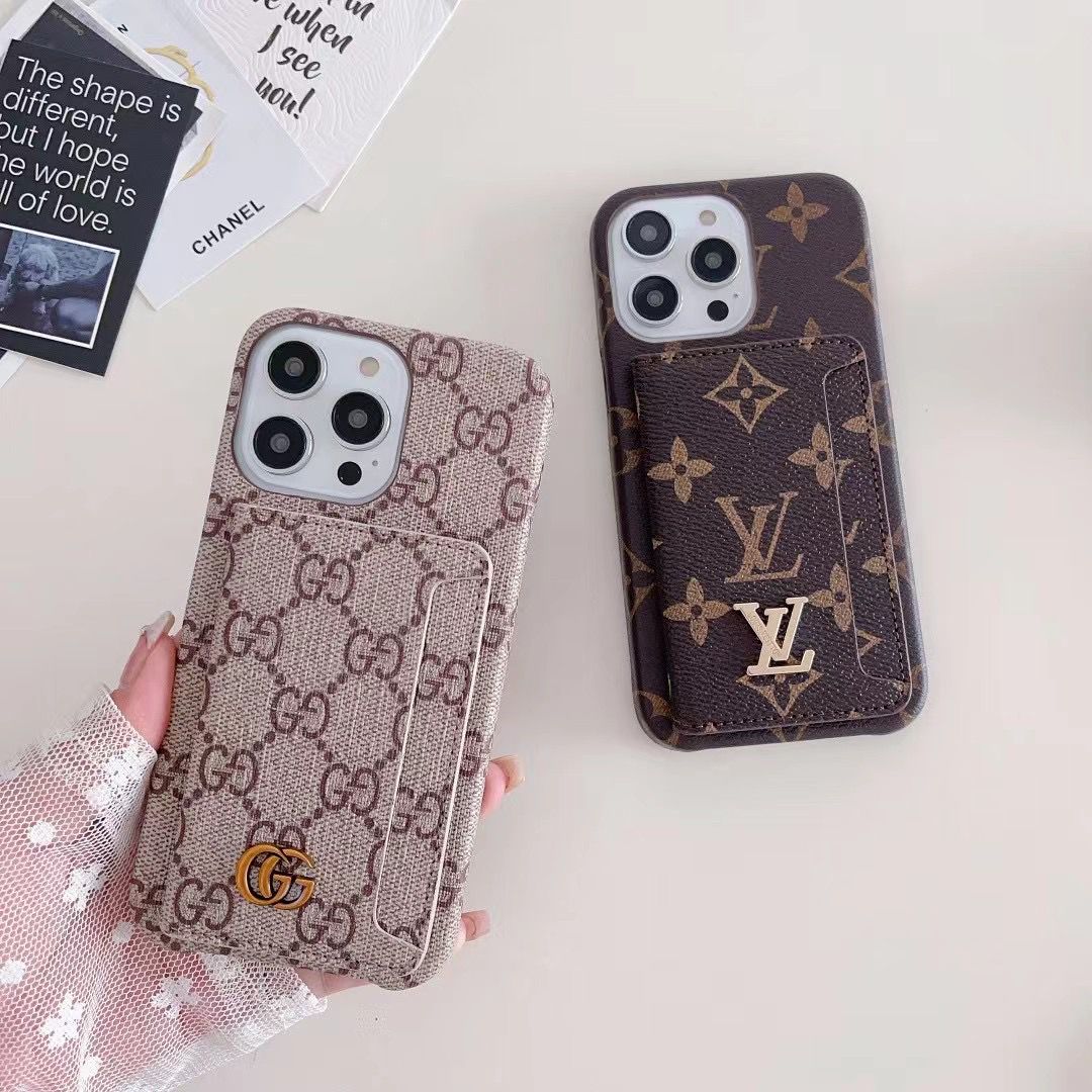 Designer folding iPhone cases shown in LV and GG inspired pattern options