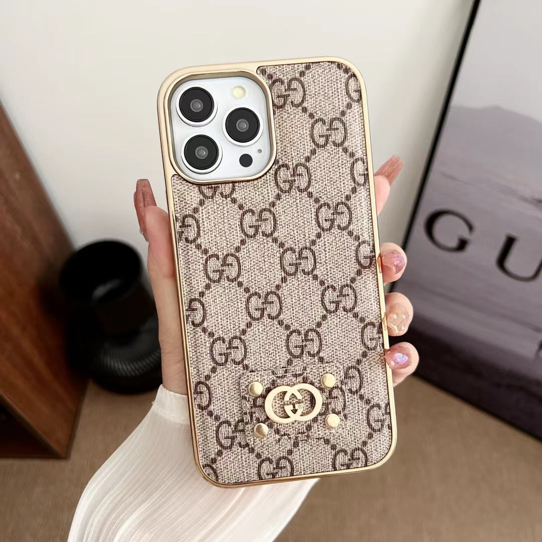 Beige GG style electroplated iPhone case showing the patterned leather back and slim frame