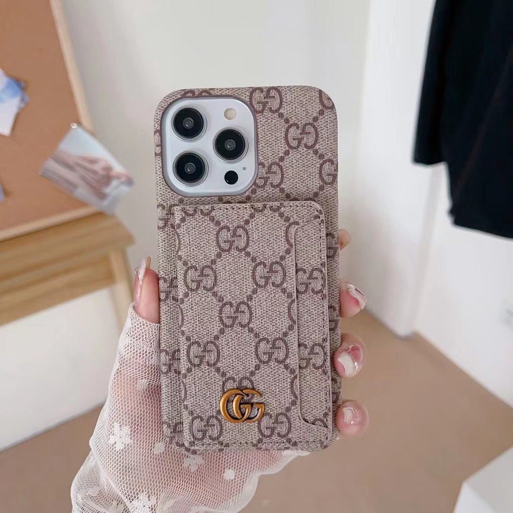 Beige GG style folding iPhone case showing the card holder and protective folio design