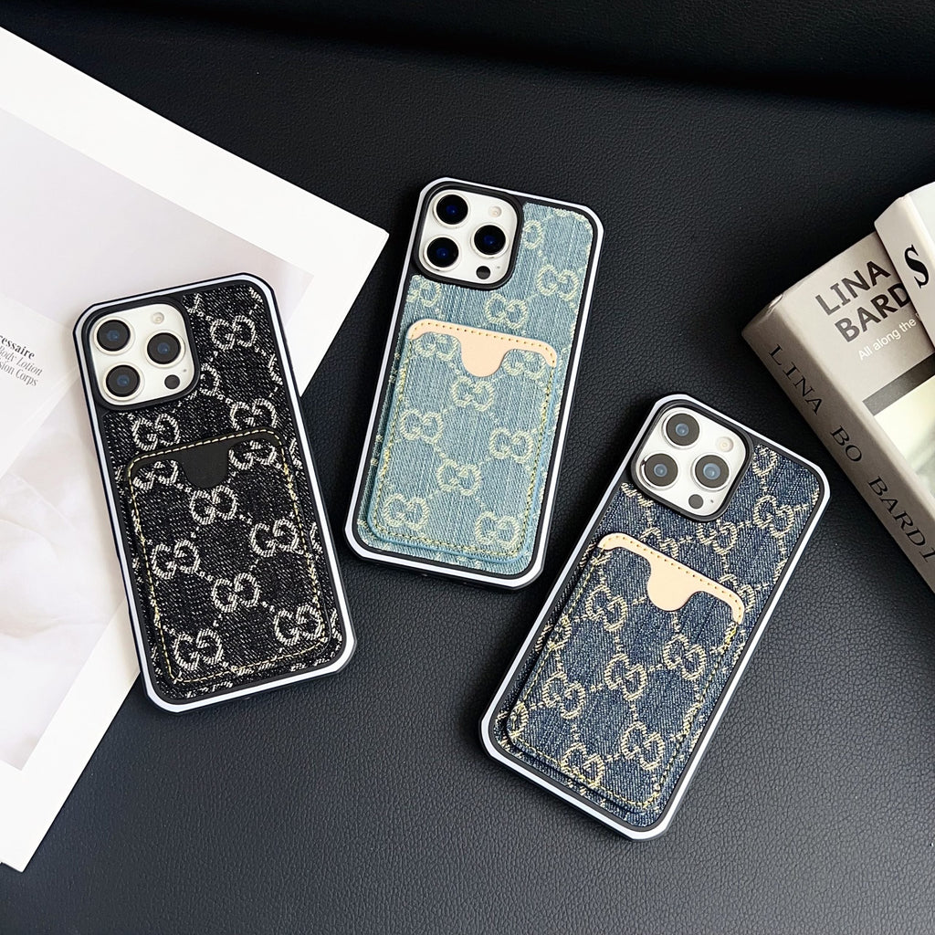 GG Card Slot Denim iPhone Case for iPhone 12-16 Pro Max
