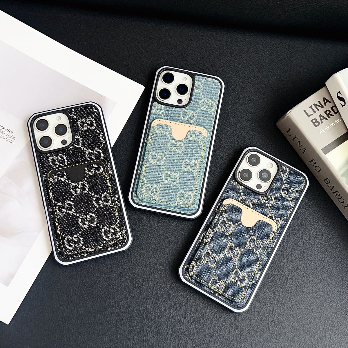 GG Card Slot Denim iPhone Case for iPhone 12-16 Pro Max