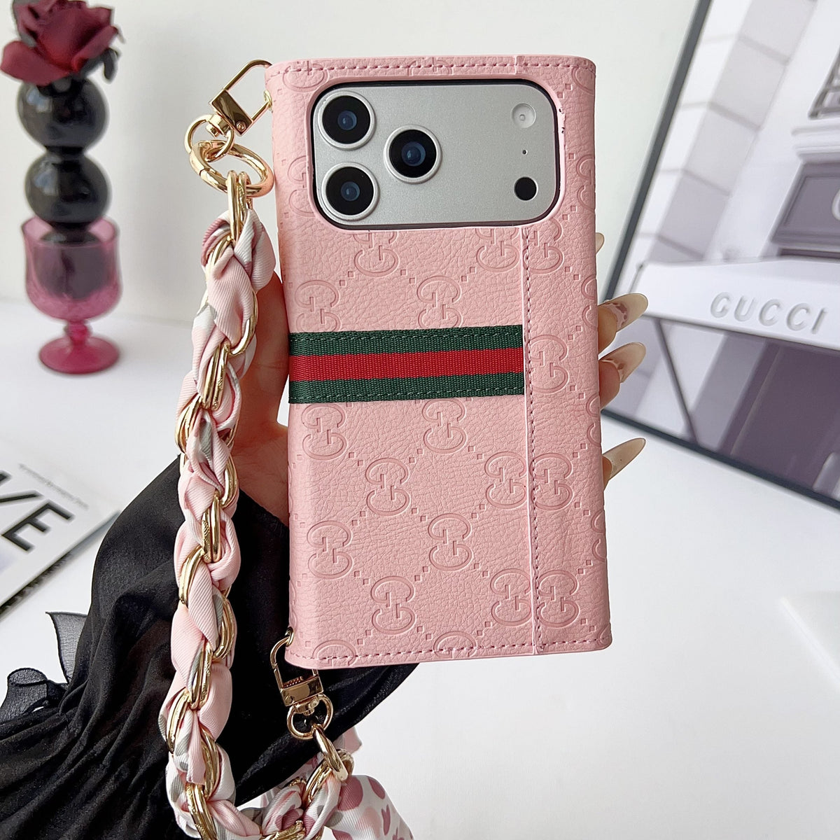 GG Plain Leather Crossbody Wallet Case