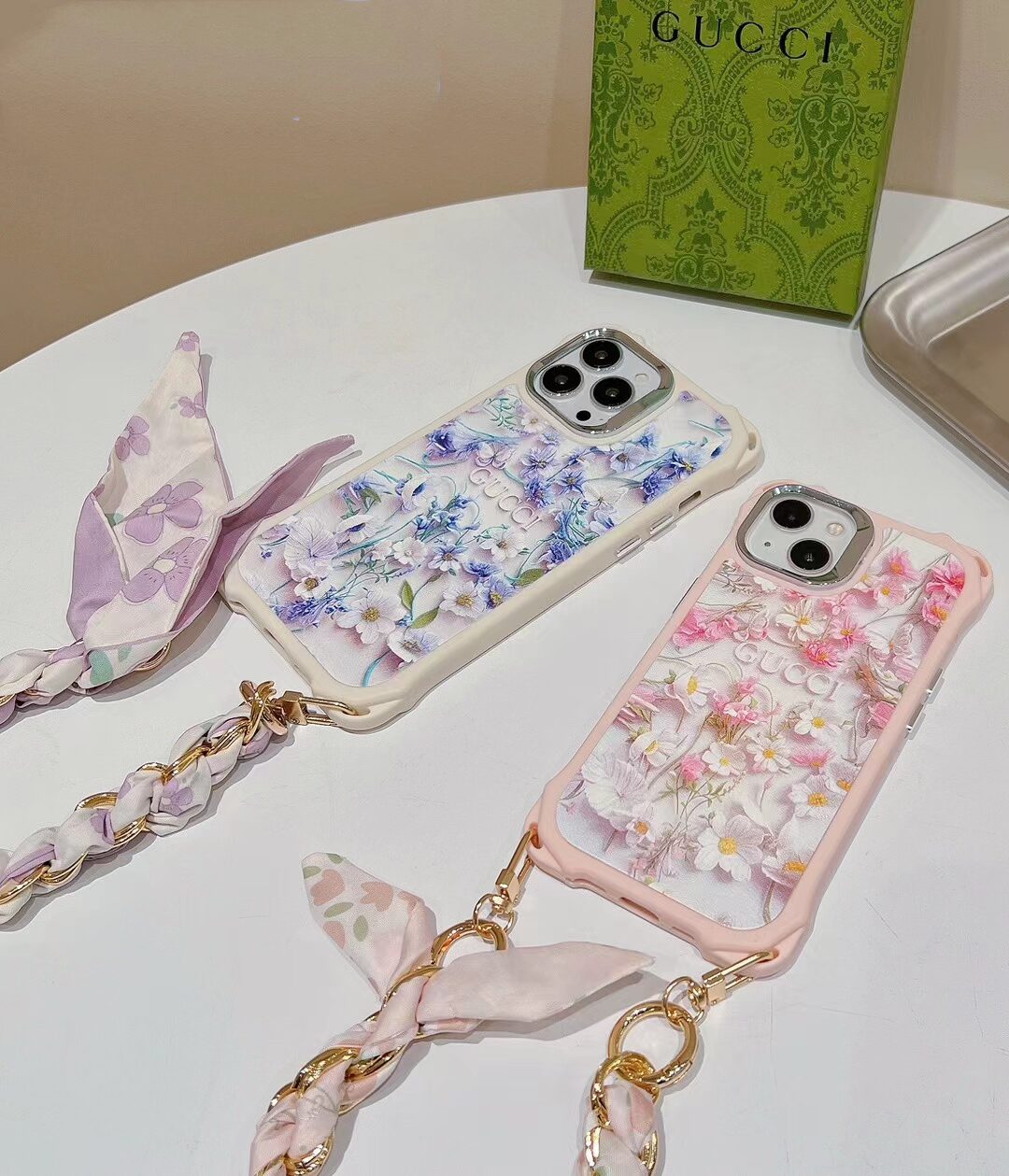 GG iPhone Case Flower 3D Pattern Silk Chain for iPhone 12 13 14 15 Pro Max Plus