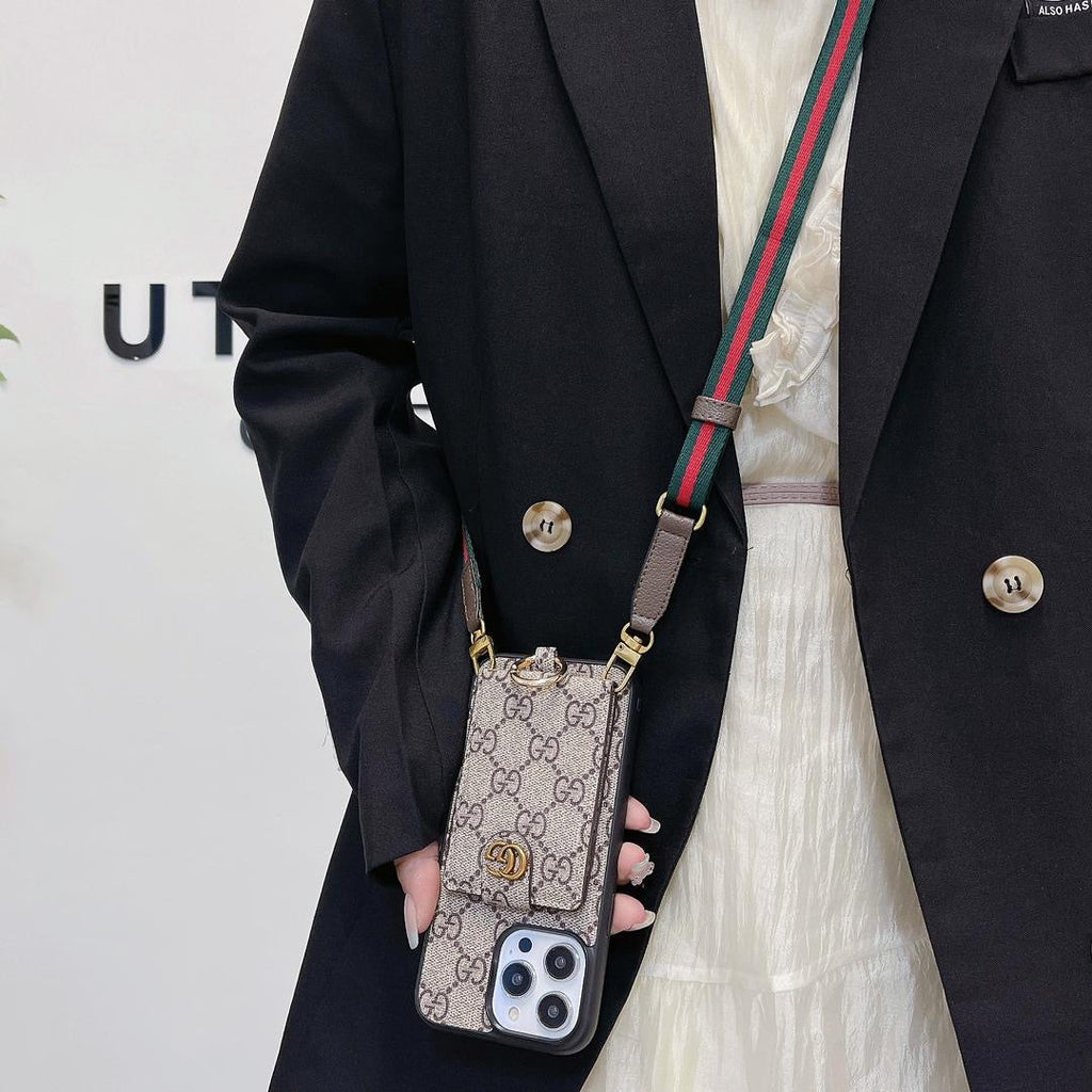 GG style crossbody iPhone card holder case showing the patterned wallet back