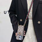 GG style crossbody iPhone card holder case showing the patterned wallet back