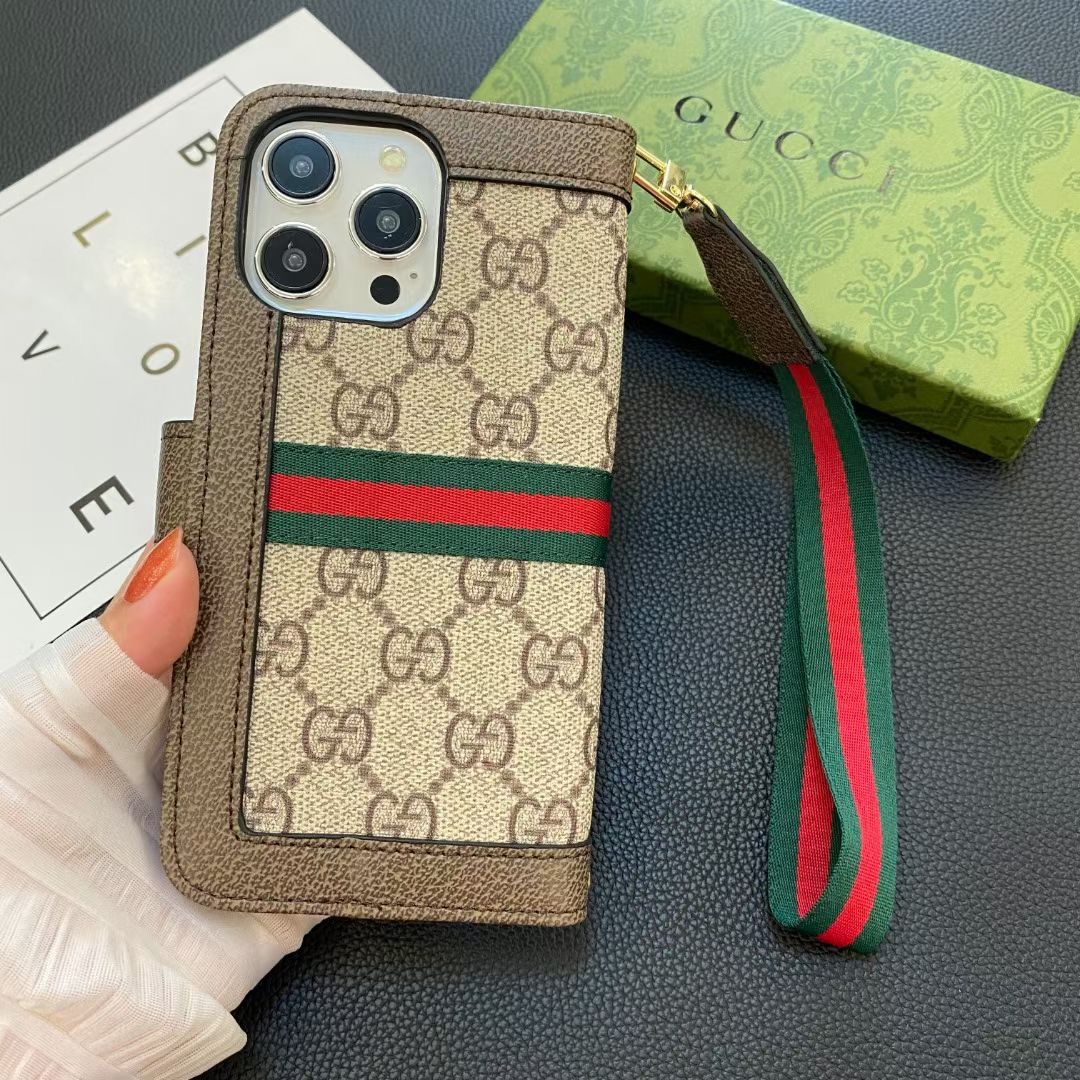 Beige GG style iPhone wallet case shown from the rear with patterned leather finish