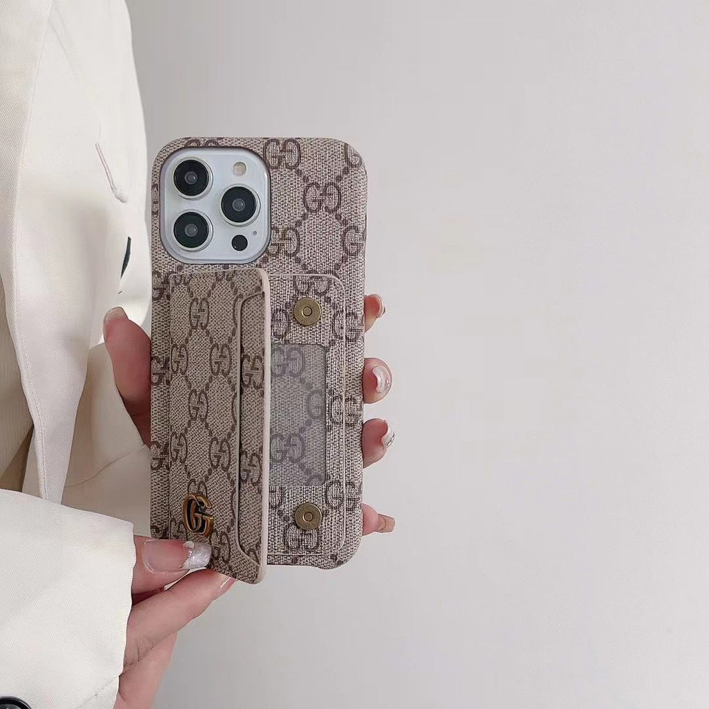 GG style iPhone card slot case showing the patterned wallet cover and camera opening