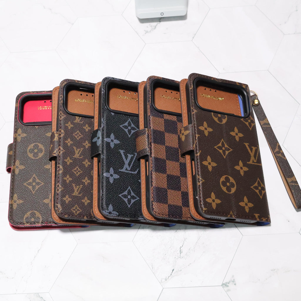 LV folio wallet iPhone case with edge patches showing the folding cover and patterned finish