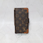 LV folio wallet iPhone case with edge patches showing the complete wallet-style protective design