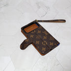 LV folio wallet iPhone case with edge patches close-up showing the wallet cover and rear design
