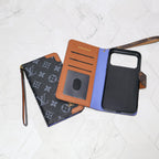 LV folio wallet iPhone case with edge patches showing leather texture and reinforced details