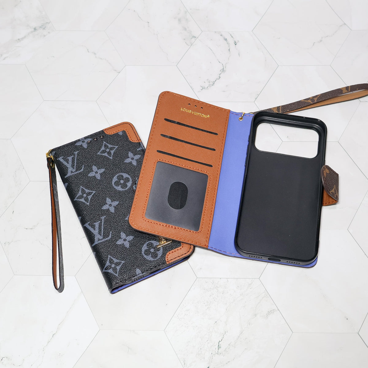 LV folio wallet iPhone case with edge patches showing leather texture and reinforced details