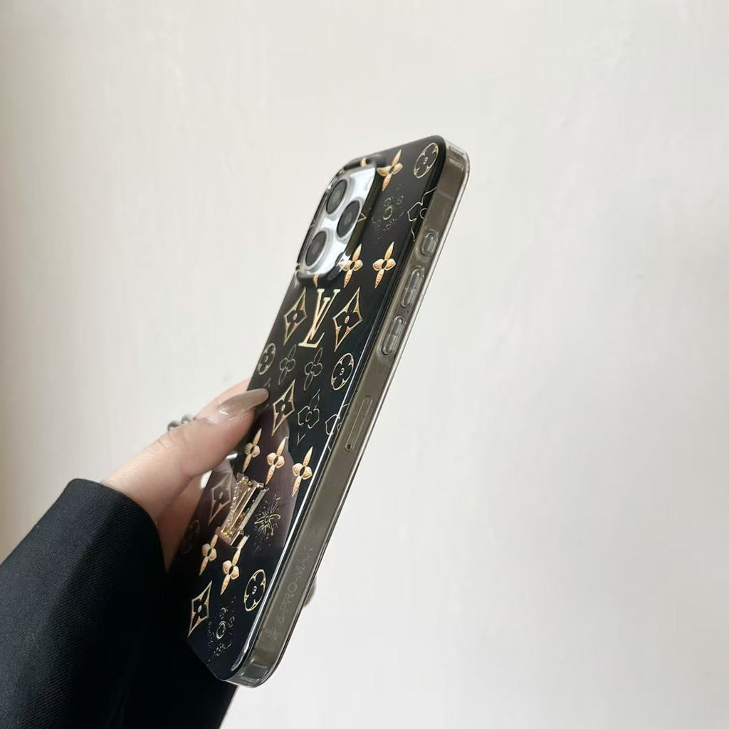 Black LV golden monogram iPhone case shown from the rear with a slim protective profile