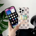 White checkered LV iPhone card holder case showing the patterned rear cover