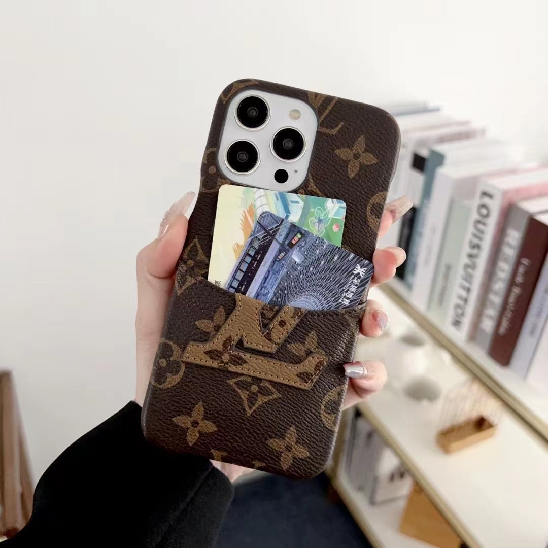 LV card holder iPhone case showing the rear card slot and luxury patterned finish