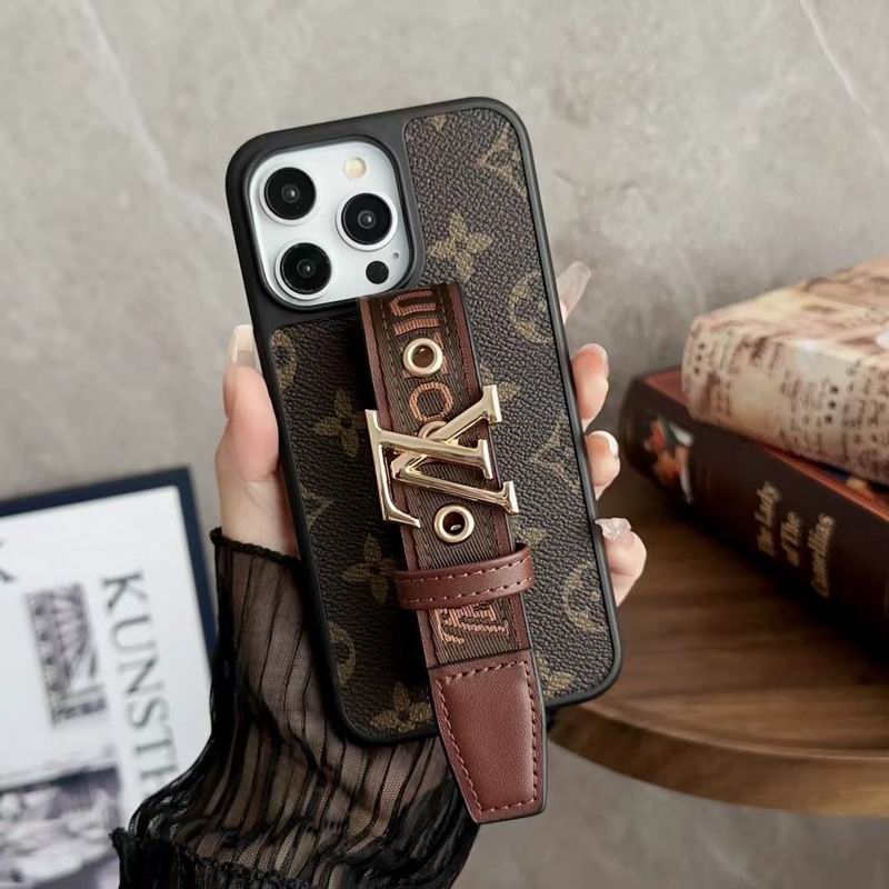 LV iPhone case with hand strap in a large brown monogram patterned finish