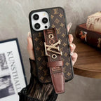 LV iPhone case with hand strap in a small brown monogram patterned finish