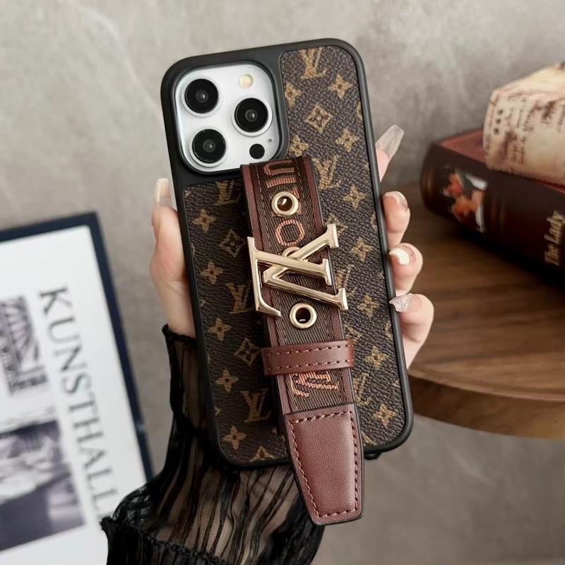 LV iPhone case with hand strap in a small brown monogram patterned finish