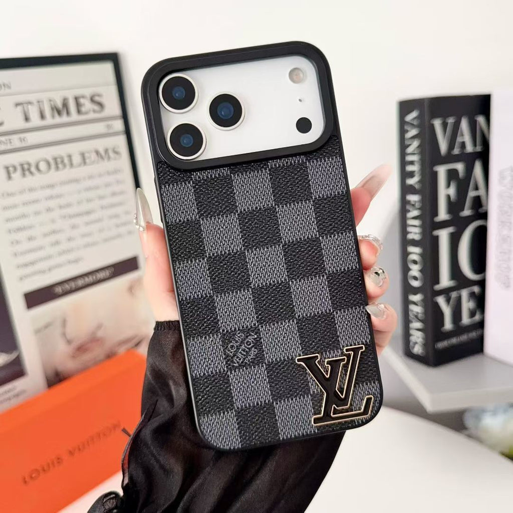 Black checkered LV iPhone case showing the patterned back finish and protective fit