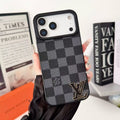 Black checkered LV iPhone case showing the patterned back finish and protective fit