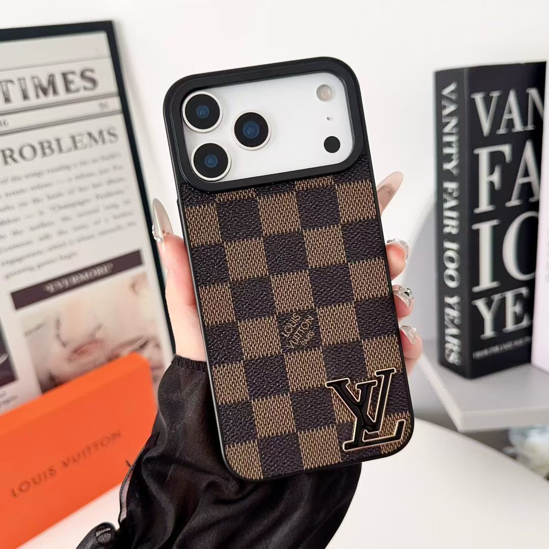 Brown checkered LV iPhone case showing the classic patterned back and fitted edges