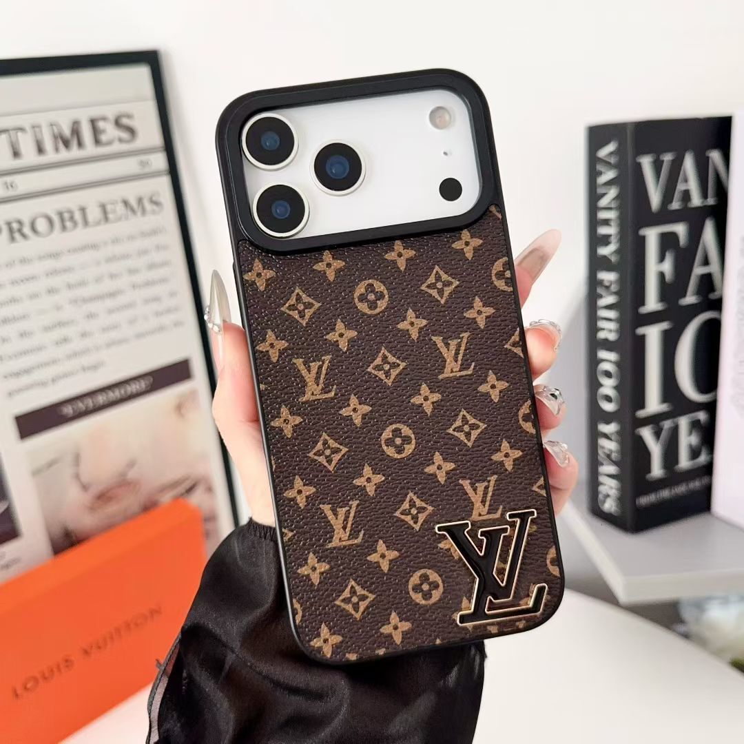 Brown small monogram LV iPhone case showing the compact patterned finish and protective cover