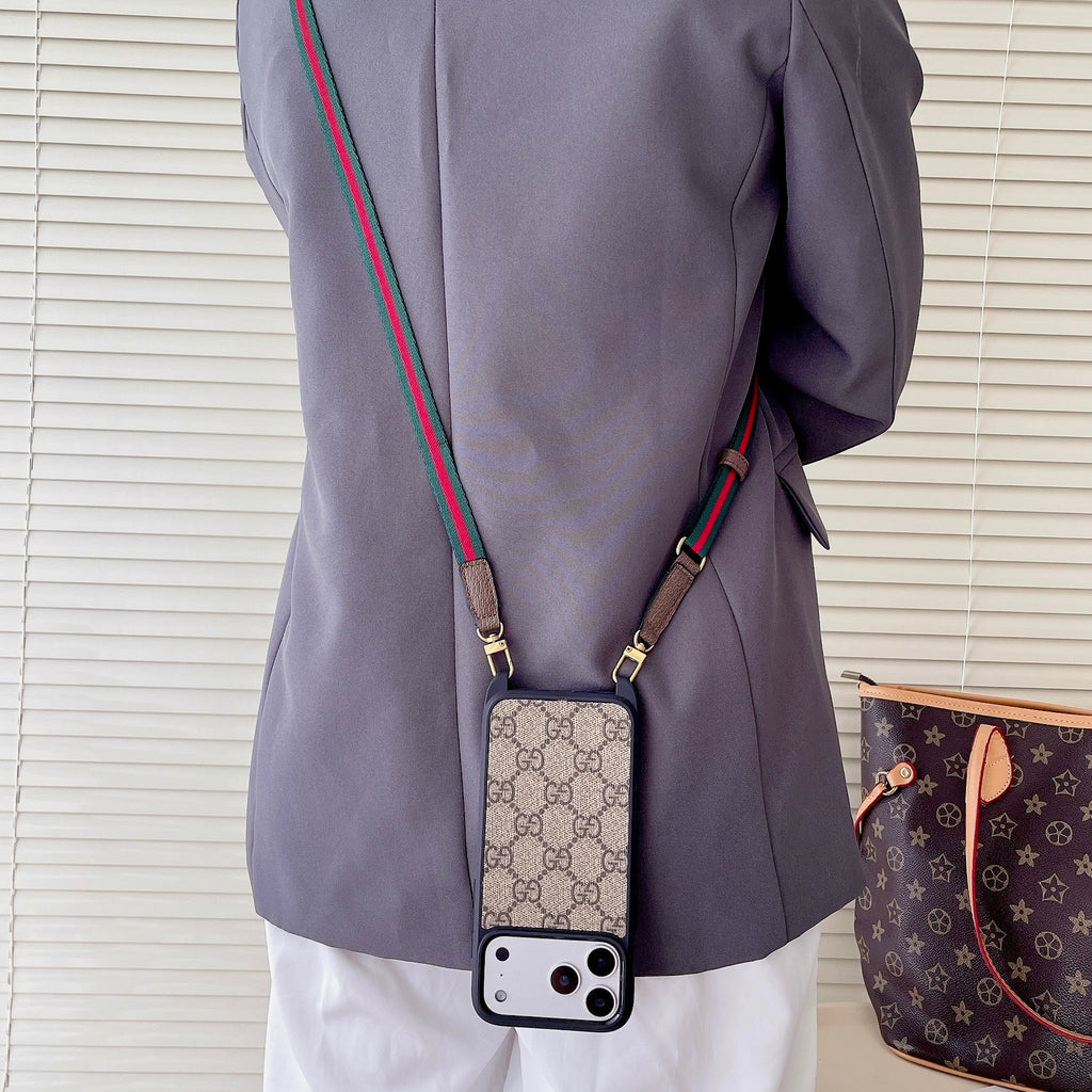 Classic monogram LV crossbody iPhone case showing the camera opening and fitted protective edges