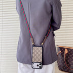 Classic monogram LV crossbody iPhone case showing the camera opening and fitted protective edges