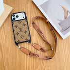Classic monogram LV crossbody iPhone case showing the patterned leather cover and slim edge profile