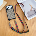 Classic monogram LV crossbody iPhone case showing the rear design and shoulder strap hardware