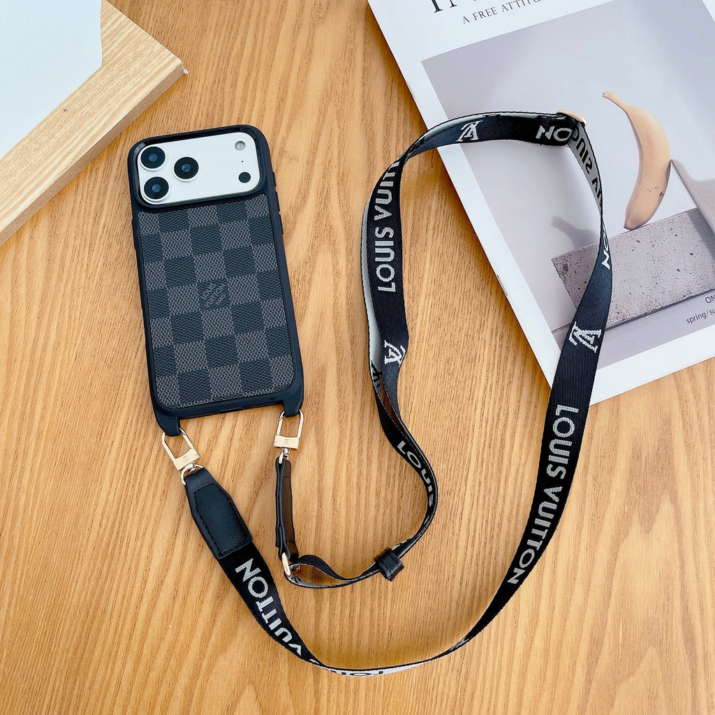 Classic monogram LV crossbody iPhone case close-up highlighting the monogram finish and camera protection