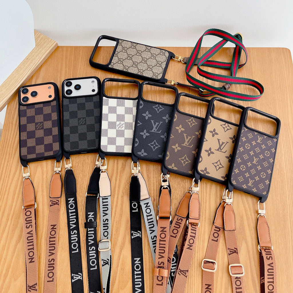 Classic monogram LV crossbody iPhone case close-up showing leather texture and strap detail