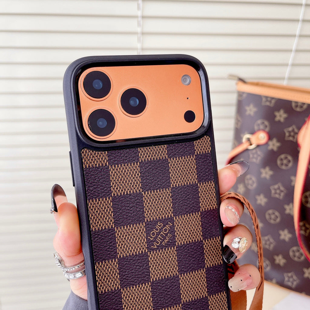 Classic monogram LV crossbody iPhone case showing the crossbody strap and protective rear design