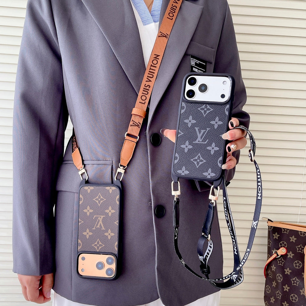 Classic monogram LV crossbody iPhone case showing the patterned back and shoulder strap