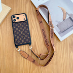 Classic monogram LV crossbody iPhone case showing the strap attachment and back pattern