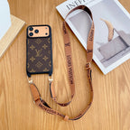 Classic monogram LV crossbody iPhone case showing protective corners and the camera area