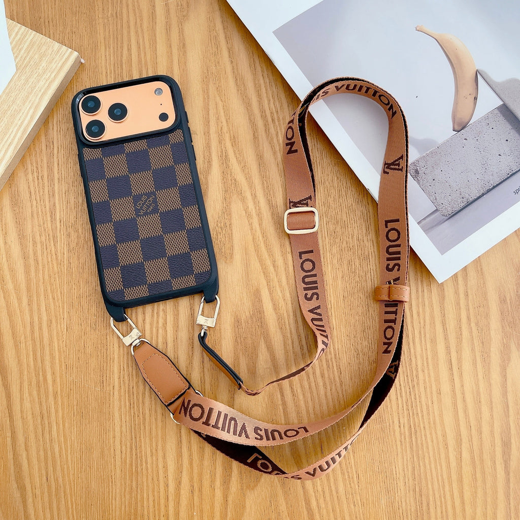 Classic monogram LV crossbody iPhone case showing the full patterned cover and shoulder strap