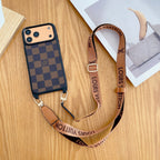 Classic monogram LV crossbody iPhone case showing the full patterned cover and shoulder strap