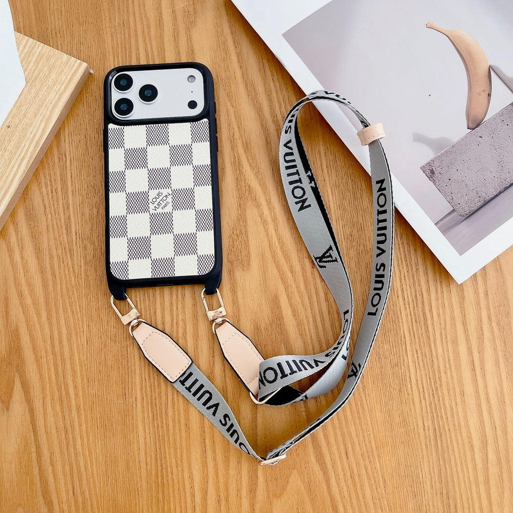 Classic monogram LV crossbody iPhone case close-up showing the leather back and protective fit