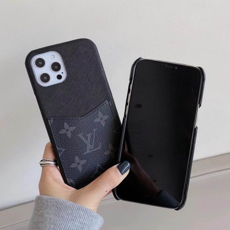 Fashion LV iPhone Case Black Card Leather Slot for iPhone 12 13 14 15 16 Pro Max Plus