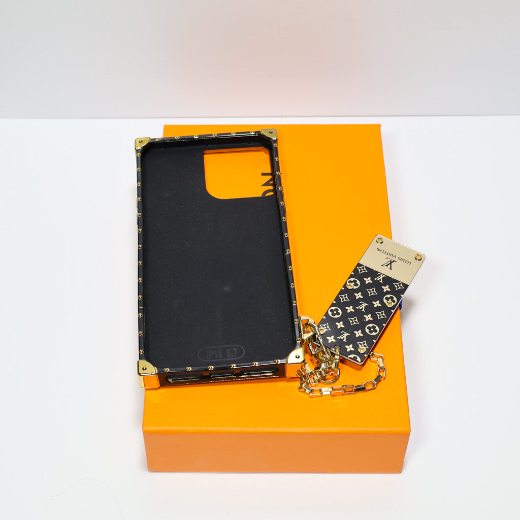 Reverse monogram Eye Trunk iPhone case showing the rear design and protective camera area