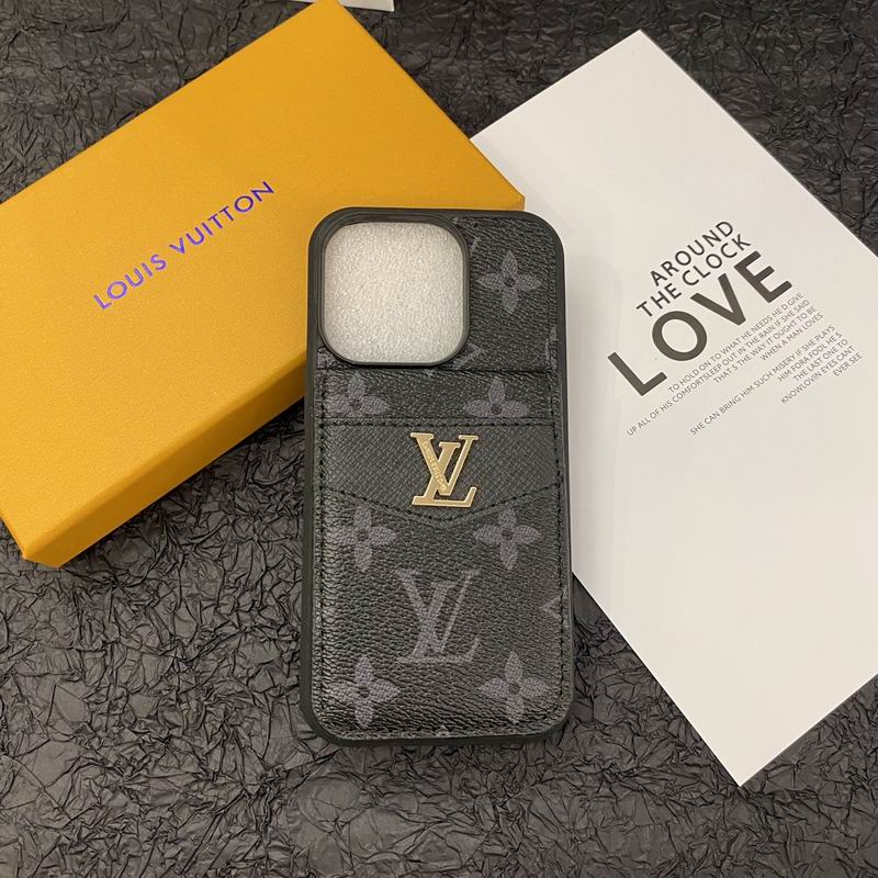 LV style leather iPhone card holder case showing the patterned back and finished edges