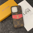 Detailed view of the designer leather iPhone case showing the card holder and back finish