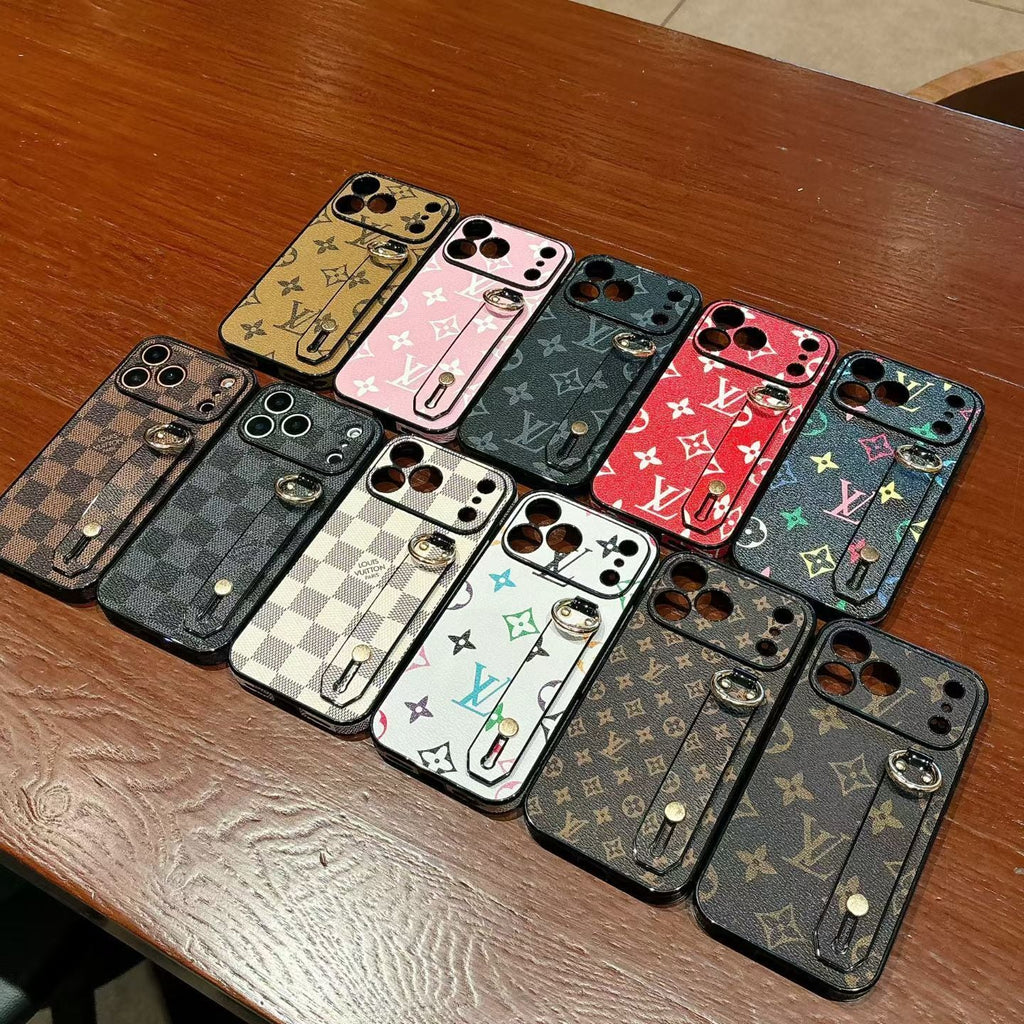 LV iPhone back cover case with hand strap showing the patterned rear design and strap