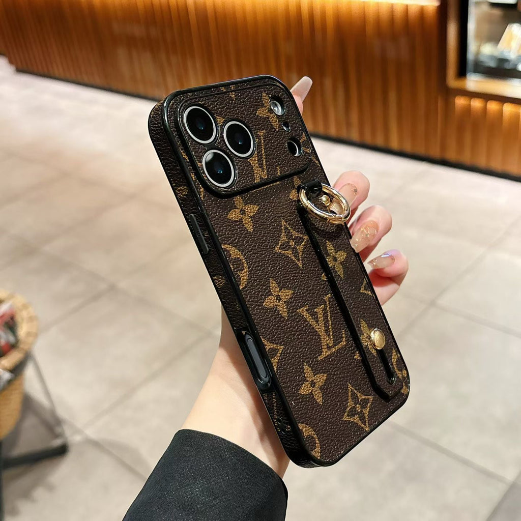 LV iPhone case with hand strap showing the camera opening and protective back cover