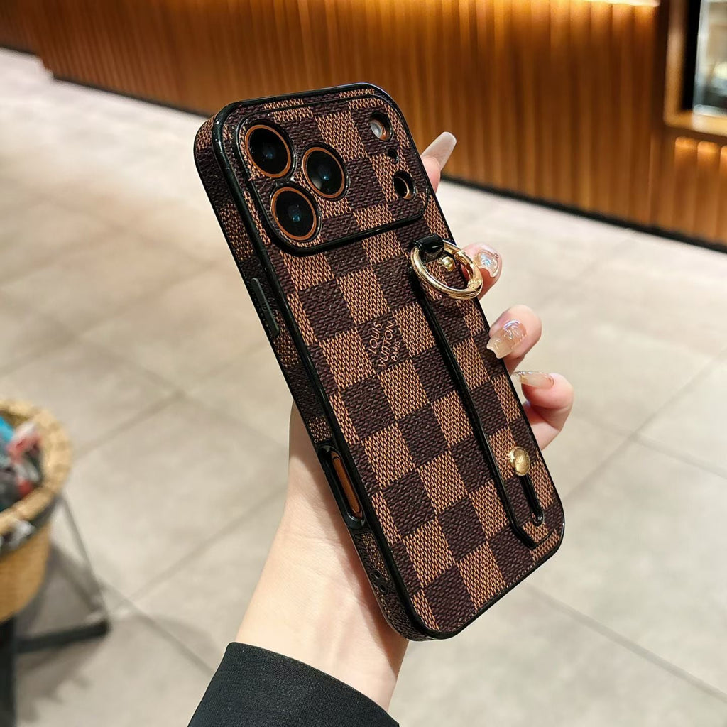 Detailed view of the LV hand strap case showing the strap attachment and rear texture